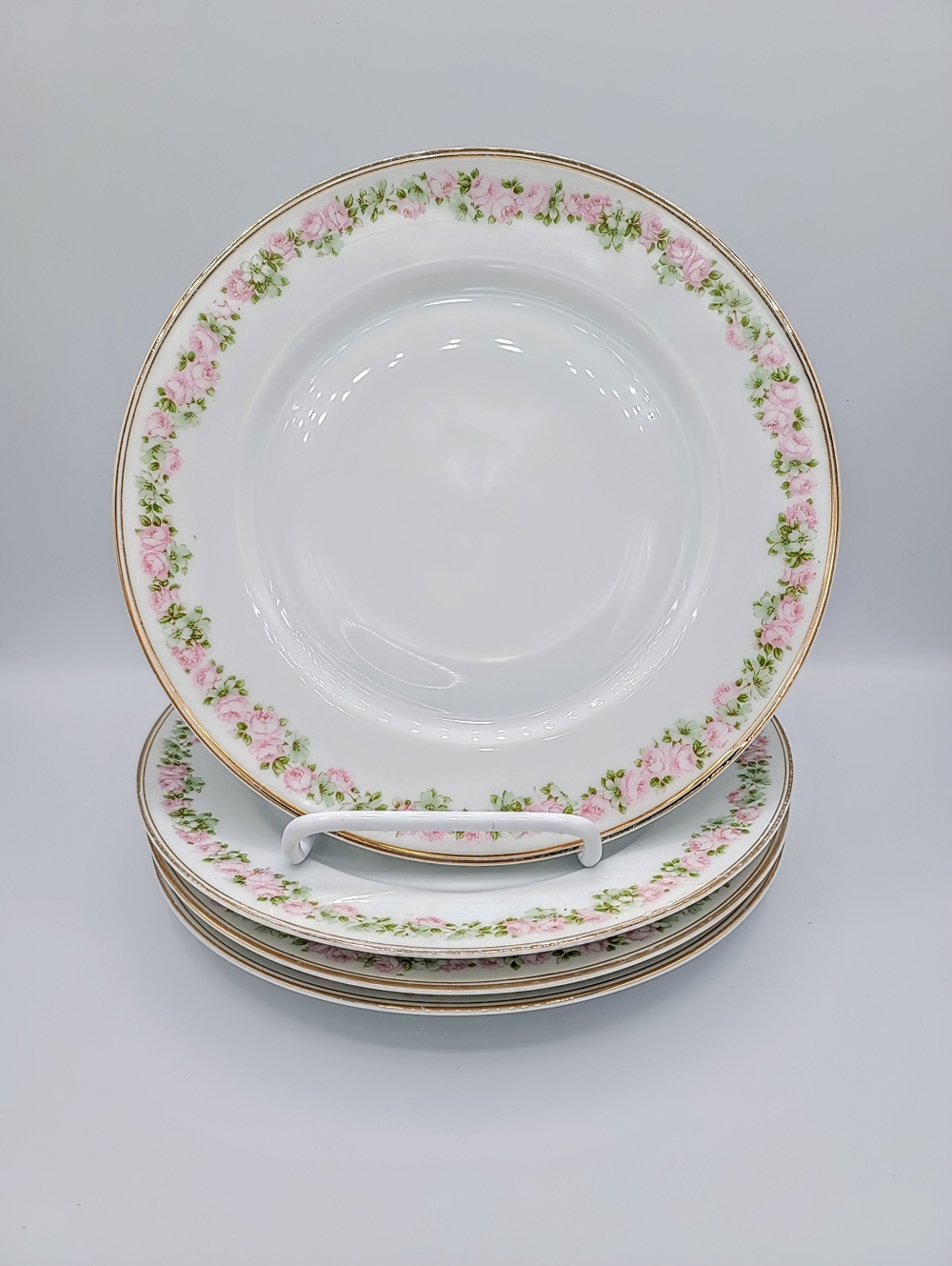 Bavaria Germany Salad Plates Set 4 Pink Rose Garland Gold Trim Vintage